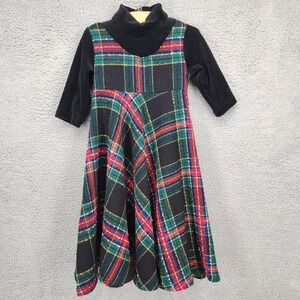 Cozi Kidz Plaid Dress Vintage Girls Size‎ 2 Black Velvet Trim Party Holiday